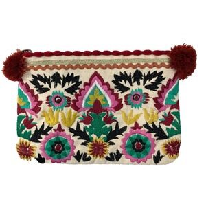 LA Chic Designs Pouch Bag Size 7x5 Ivory Red Floral Embroidered Pom Poms Clutch